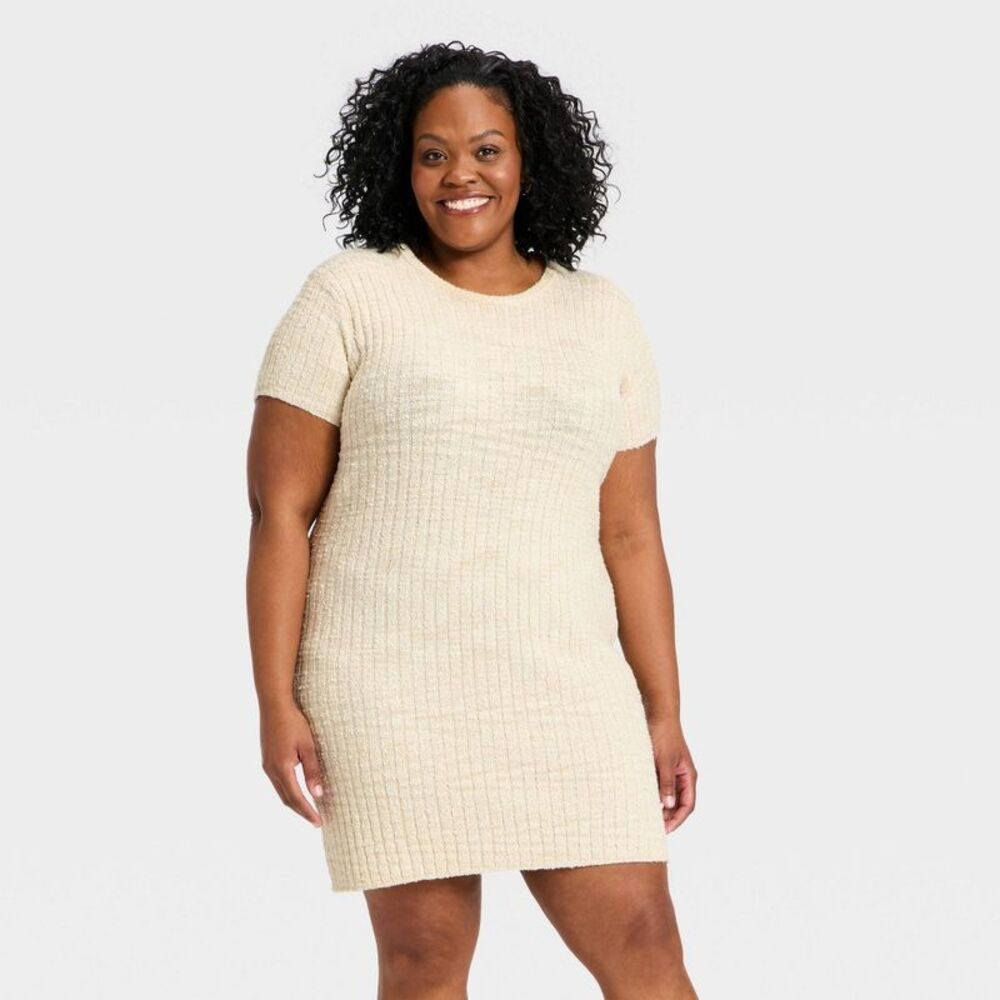 Women's Short Sleeve Rib Mini Sweater Dress - Universal Thread Oatmeal XXL